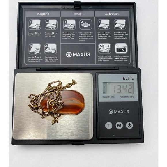 Vintage 70s Natural Agate Slice Pendant Necklace Gold Tone 24" Long Chain - Picture 9 of 10